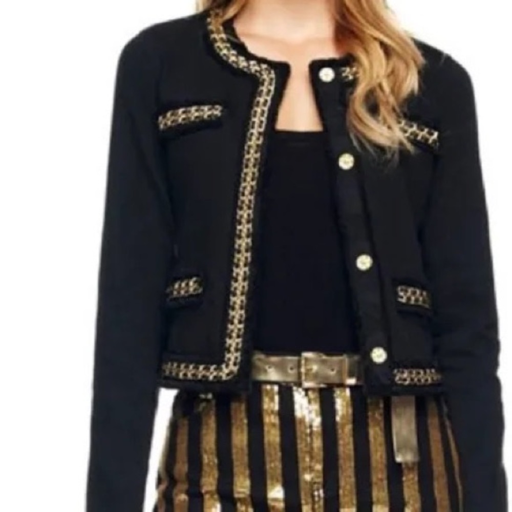 𝅺MICHAEL Kors Black Denim Jacket With Gold Chain Detail Size 2